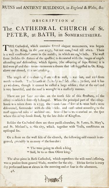 Ruins and Ancient Buildings, in England & Wales &c. Description of the Cathedral Church of St. Peter, at Bath in Somersetshire c.1786