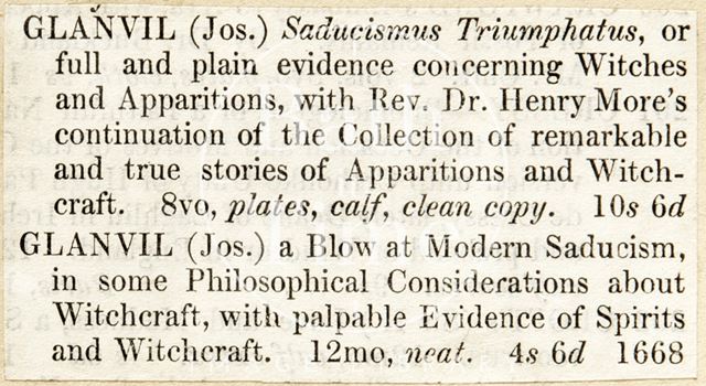 Bookseller's catalogue entries for two Joseph Glanvill books on witchcraft c.1800-1860