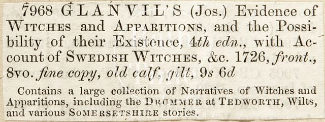 Bookseller's catalogue entries for a Joseph Glanvill book on witchcraft c.1800-1860