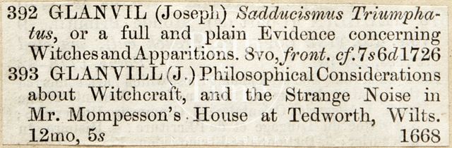 Bookseller's catalogue entries for two Joseph Glanvill books on witchcraft c.1800-1860