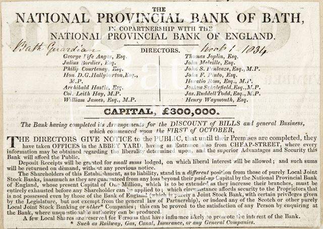 The National Provincial Bank of Bath, Abbey Church Yard, Bath 1834