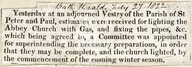 Decision to install gas lighting in the Abbey, Bath 1822