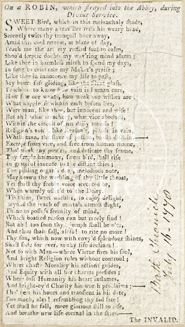 Poem On a Robin which Strayed into the Abbey during Divine Service, Bath 1770