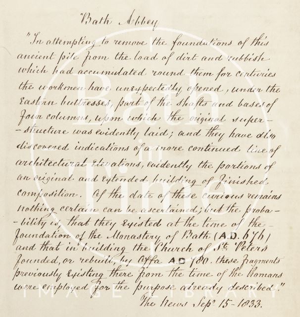 Handwritten extract on Abbey foundations and forebears 1833