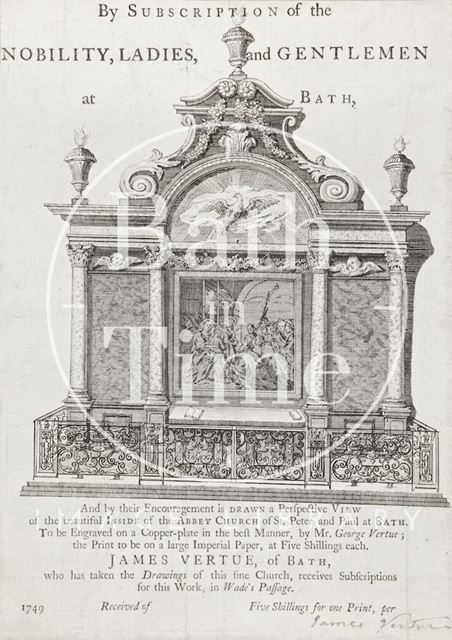 Advertisement for a book of engravings of Bath Abbey interior 1749