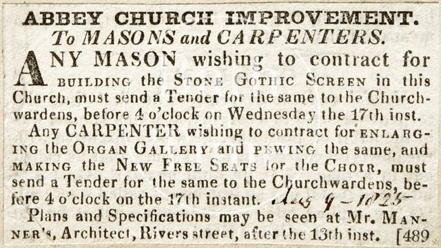 Abbey Church Improvement, Bath. To Masons and Carpenters 1825