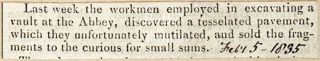 Workmen discover a tessellated pavement in the Abbey vault, Bath 1835