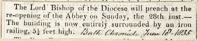 The Lord Bishop of the diocese will preach at the reopening of Bath Abbey 1835