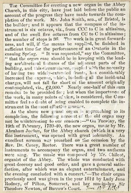 Raising money for erection of New Organ in Abbey Church and history of previous Organs, Bath 1838