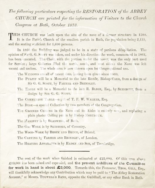 Particulars respecting the restoration of the Abbey Church, Bath 1873