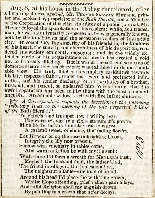 Obituary to Mr. Thomas Salway Meyler 1823