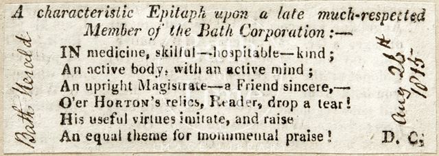 A characteristic epitaph upon a late most respected member of the Bath Corporation 1815