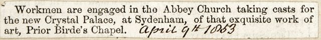 Workman are engaged in the Abbey Church taking casts for the new Crystal Palace at Sydenham 1853