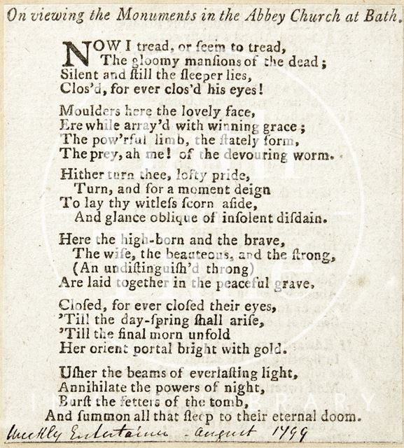 Poem On viewing the Monuments at the Abbey Church in Bath 1799