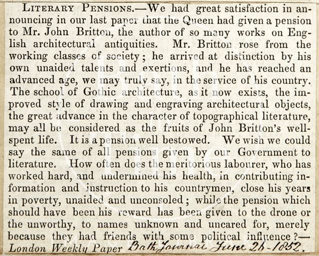 Literary Pension, the Queen has given a pension to Mr. John Britton 1852