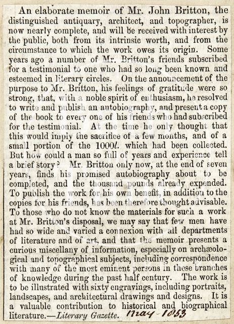 Elaborate Memoir of Mr. John Britton nearly completed 1853