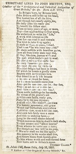 Tributary lines to John Britton Esq. 1855