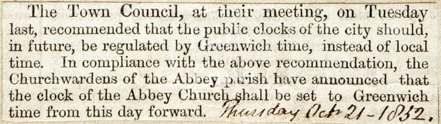 Public Clocks Regulated by Greenwich Time, Abbey Church Clock set to Greenwich Time 1832