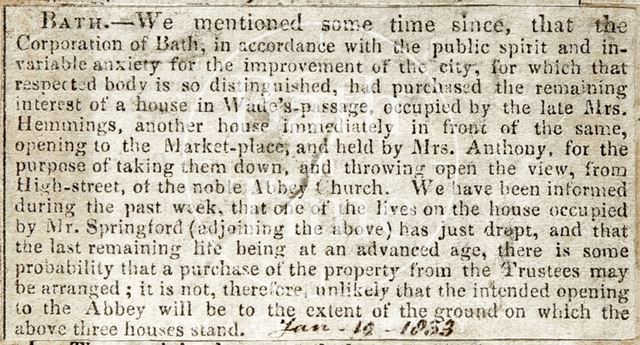 Purchase of a house in Wade's passage for demolition, Bath 1833