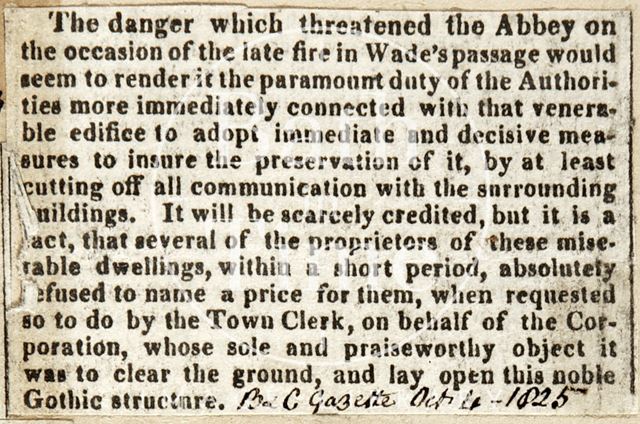 Removal of houses in Wade's Passage following a fire which threatened the abbey, Bath 1825