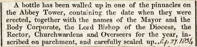 Bottle walled up in pinnacle of Abbey Tower containing Information, Bath 1834