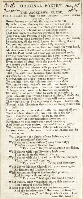 Poem of The Jackdaws' Curse, their holes in the Abbey Church tower being stopped up, Bath 1834