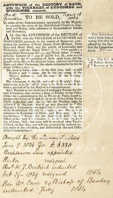 Advowson of the rectory of Bath with the Vicarage of Lyncombe and Widcombe annexed 1836-1854