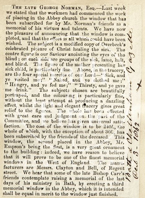 The Late George Norman Esq. Announcement of the completion of the window, Abbey Church, Bath 1862