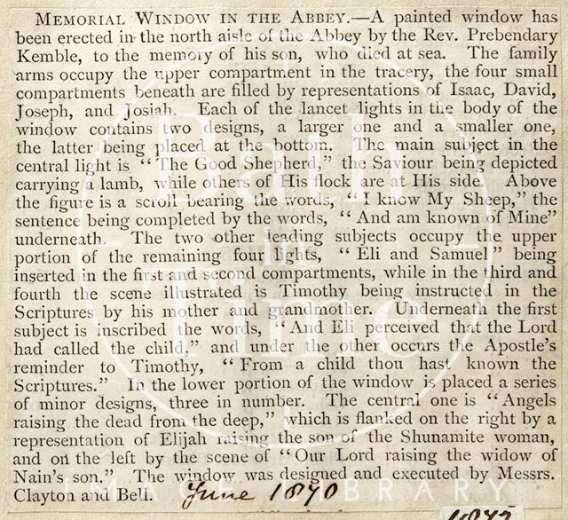 Memorial Window in the Abbey, Bath 1890
