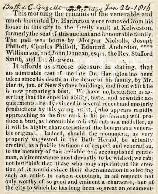 The internment of Dr. Harington at Kelweston (Kelston) 1816