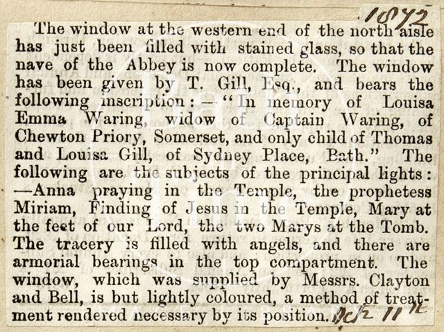 Window at western end of the north aisle of the Abbey, in memoriam of Louise Emma Waring of Sydney Place, Bath 1872