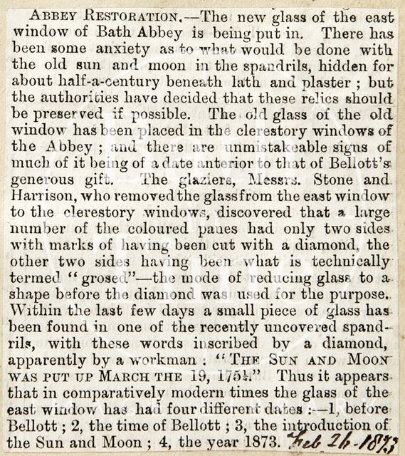 Abbey Restoration, announcing the new glass of the east window of Bath Abbey is being put in 1873