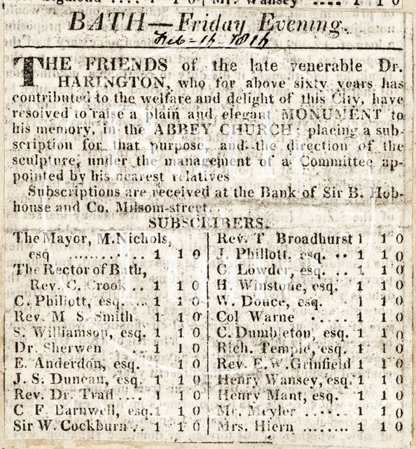 Announcement of monument to Dr. Harington and list of subscribers in Abbey Church, Bath 1816