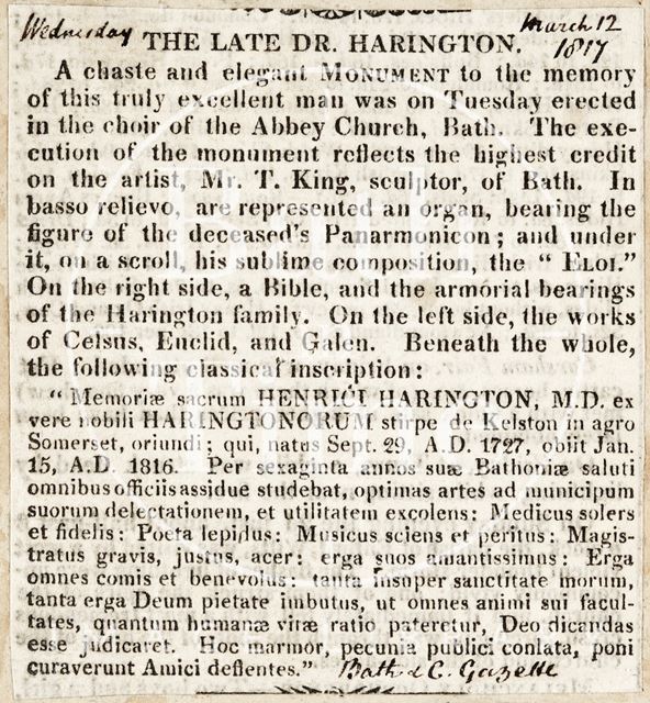 Erection of monument to Dr. Harington in the choir of the Abbey Church, Bath 1817