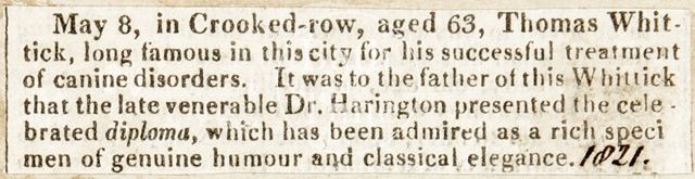 Dr. Harington presented the celebrated diploma, which has been admired as a rich specimen of genuine humour and classical elegance 1821