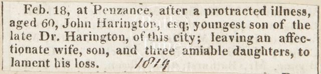 Announcing the death of John Harington Esq. in Penzance (Dr. Harington's youngest son) 1819