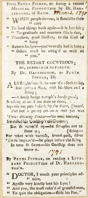 Poetic interchange between Peter Pindar and Dr. Harington of Bath 1798