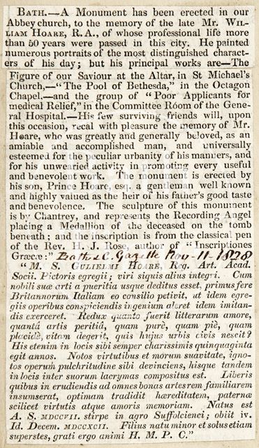 Announcement of a monument erected in the Abbey Church, to the memory of the late Mr. William Hoare R.A. 1828