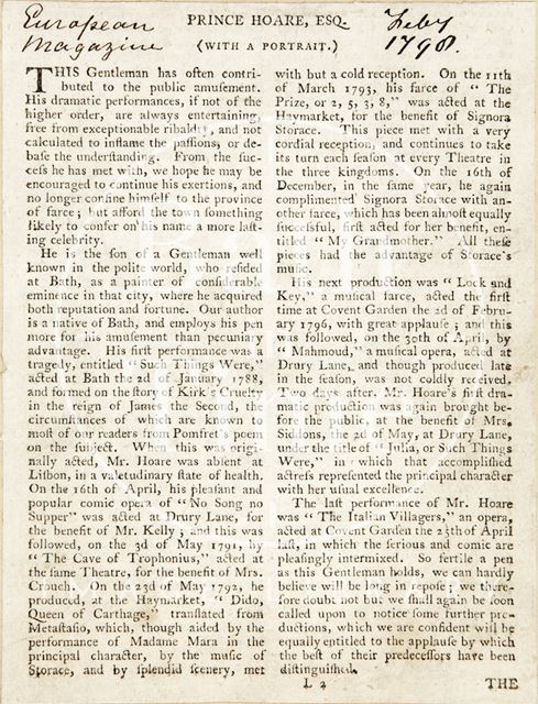 Review of Prince Hoare's plays and musical performances 1798