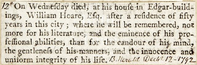 Death notice for William Hoare Esq. 1792