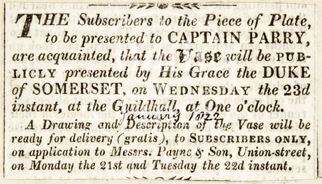 Vase to be presented to Captain Parry by the Duke of Somerset 1822