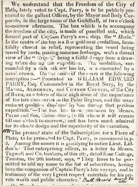 Description of gift of Freedom of the City to be given to Captain Parry 1821