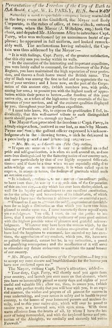 Presentation of the Freedom of the City of Bath to Captain W.E. Parry R.N. 1821