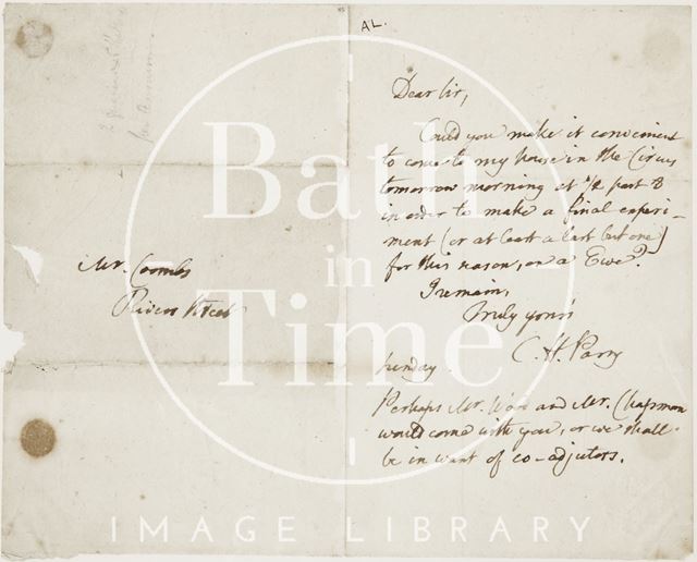 Letter to Mr. Coombes of Rivers Street from Caleb Hillier Parry c.1810-1822