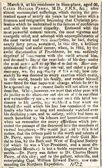 Obituary of Dr. Caleb Hiller Parry 1822