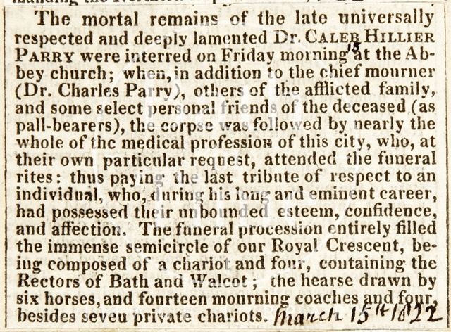 Obituary of Dr. Caleb Hiller Parry 1822