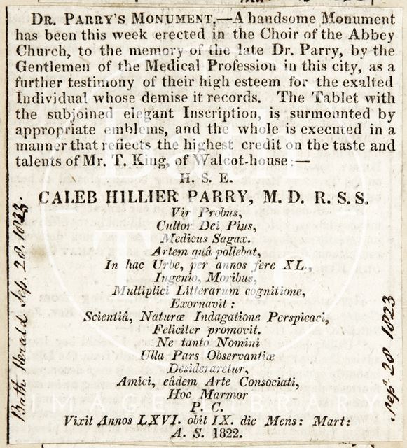 Announcing Dr. Parry's monument in the Abbey Choir, Bath 1823