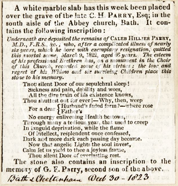 Announcing Dr. Parry's cover stone in Abbey South Aisle, Bath 1823