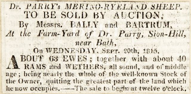 Dr. Parry's Marina-Ryeland Sheep to be sold by auction, by Messrs' Bally and Bartrum at the Farmyard of Dr. Parry, Sion-Hill, near Bath 1815