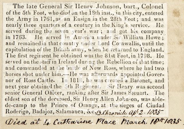 Obituary to General Sir Henry Johnson 1835